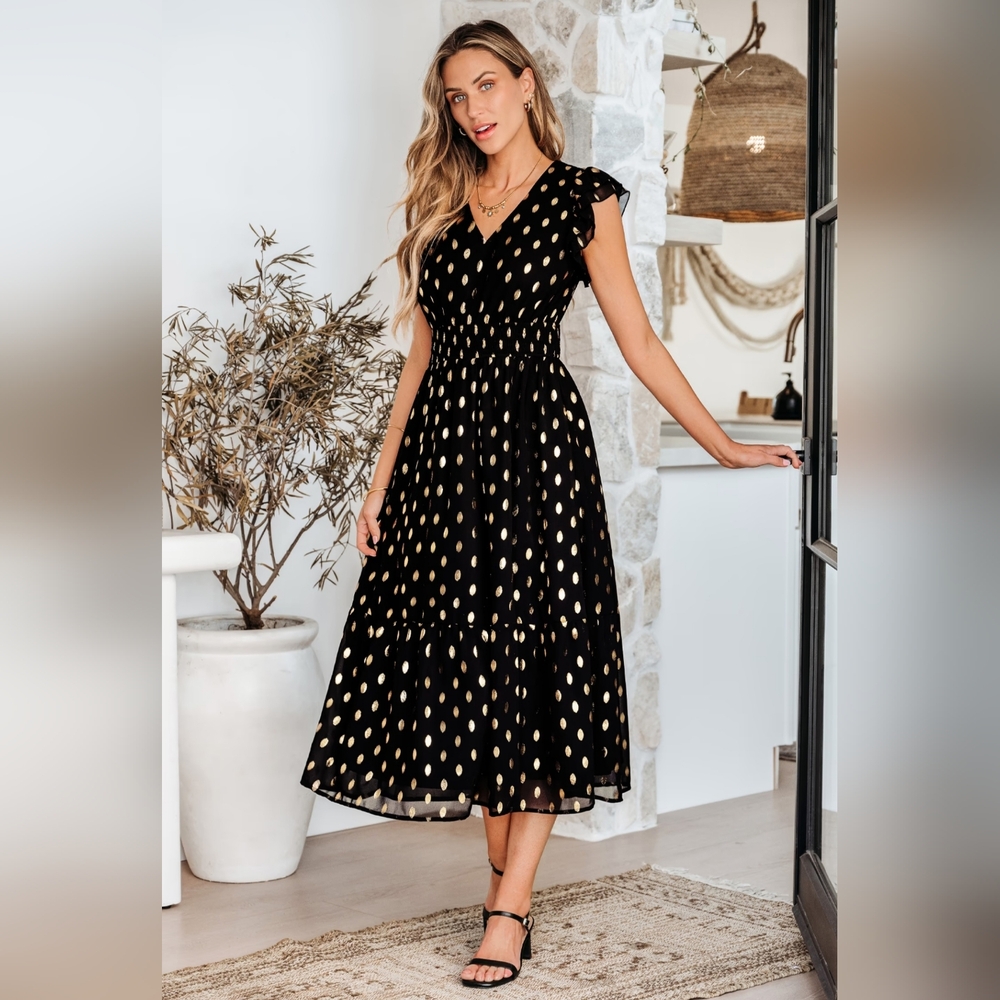 Lulus Sheer Metallic Polka Dot Ruffle Smocked Cocktail Date Night Party Dress